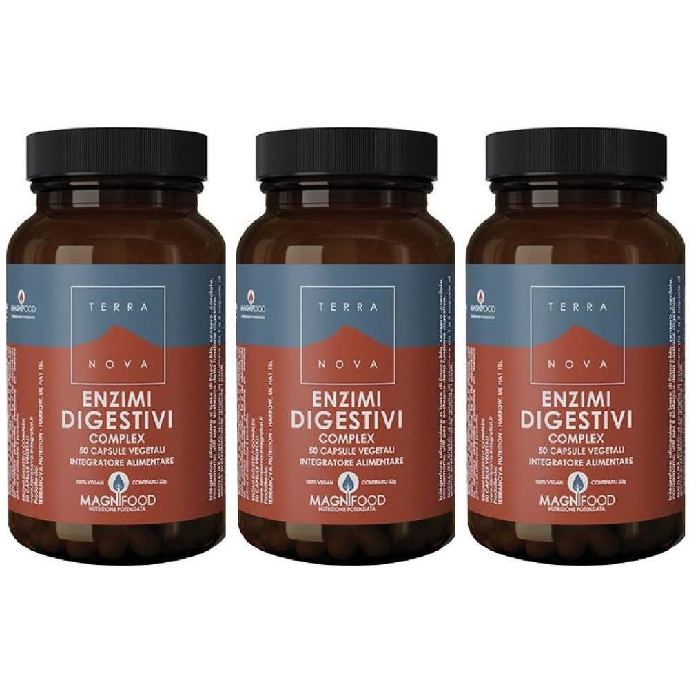 Tre flaconi di Terranova Complesso di Enzimi Digestivi, 90 capsule vegetali.