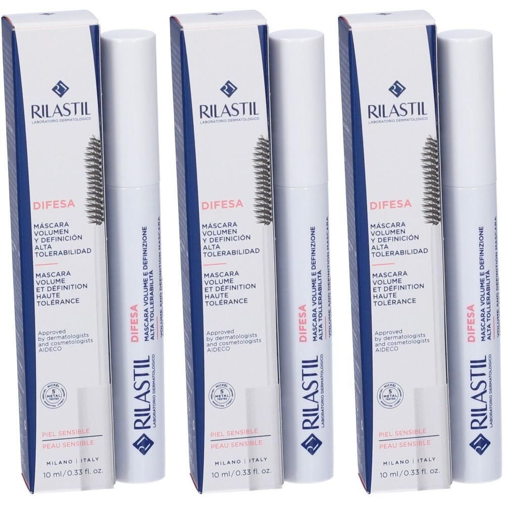 Tre mascara Rilastil Difesa Volume e Definizione in confezione bianca con illustrazione di scovolino.