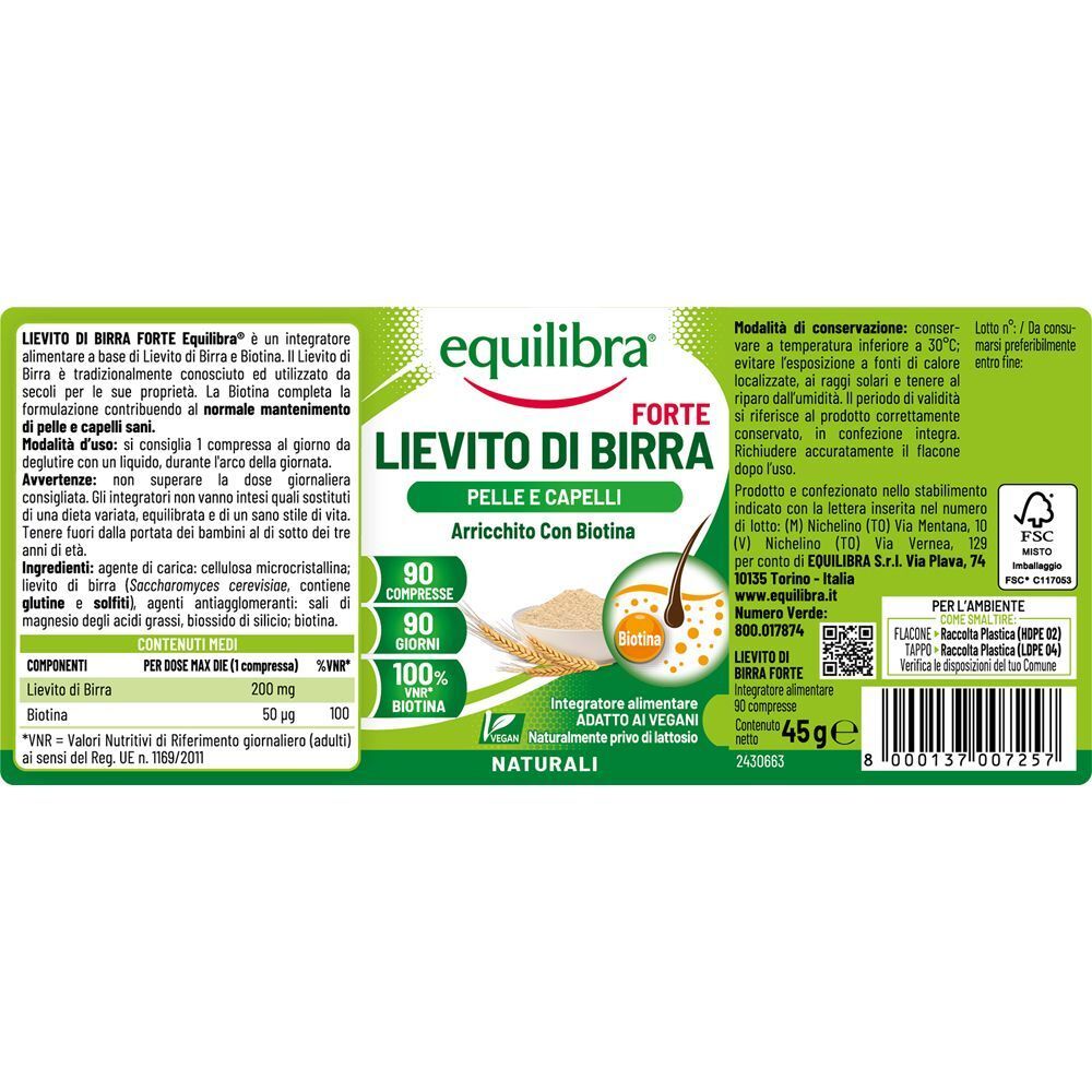 Etichetta Equilibra Lievito Birra Forte con informazioni sul prodotto e ingredienti per pelle e capelli.
