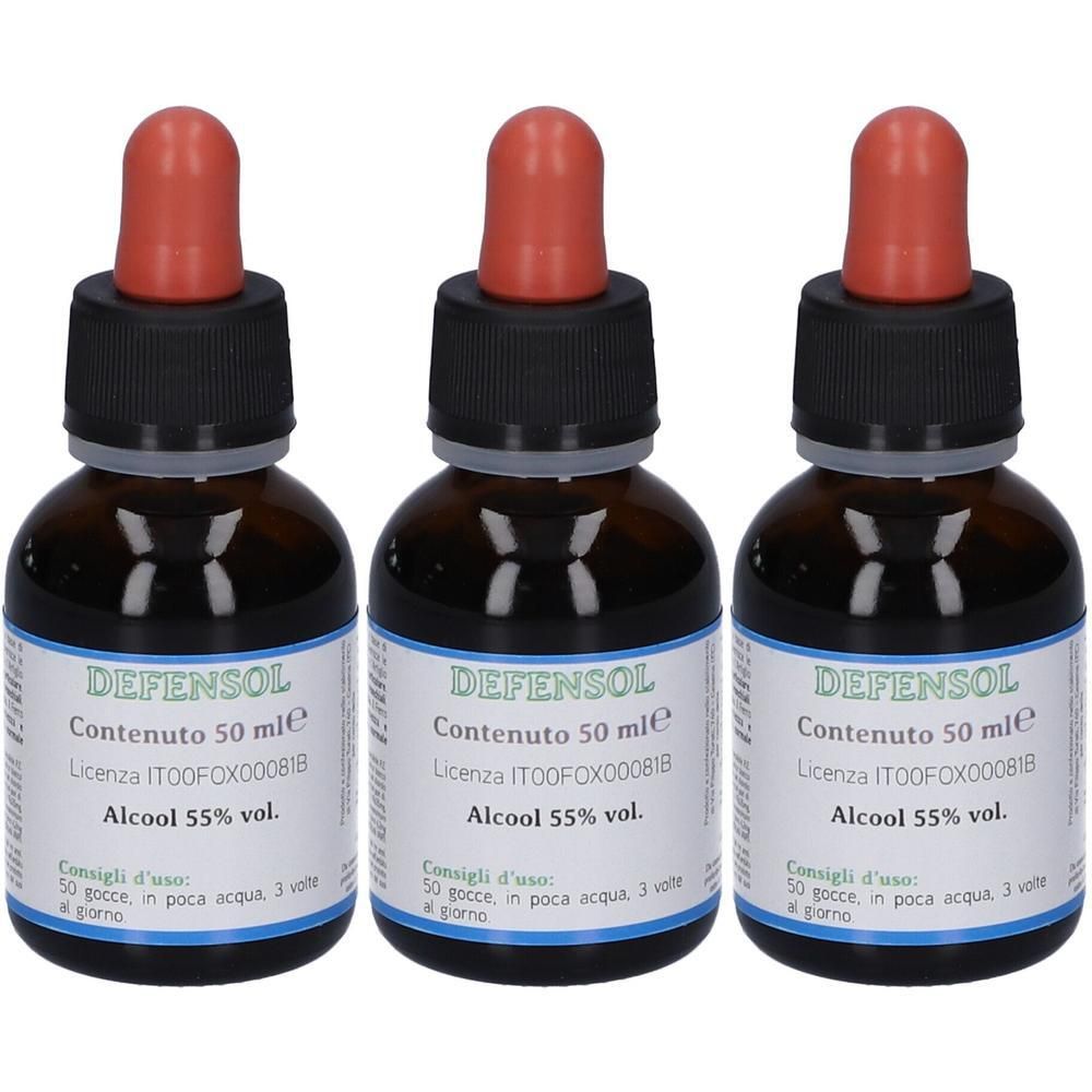 Tre flaconi in vetro marrone con contagocce, ciascuno da 50 ml. Etichetta indica 'DEFENSOL', 'Alcool 55% vol.'