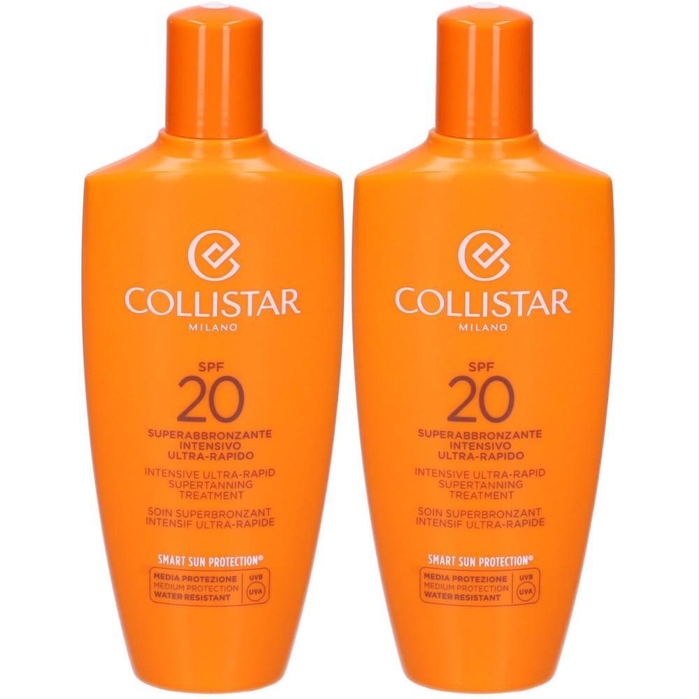Due flaconi arancioni di Collistar Superabbronzante Intensivo Ultra Rapido SPF20.