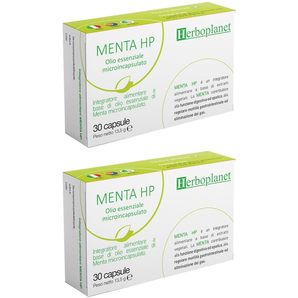 Due confezioni di Menta Hp capsule, 30 capsule per confezione. Prodotto da Herboplanet.