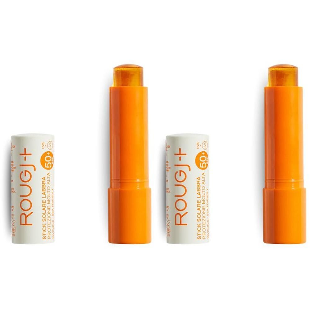 Tre stick solari Rougj+ SPF 50+. Due stick chiusi e uno aperto.