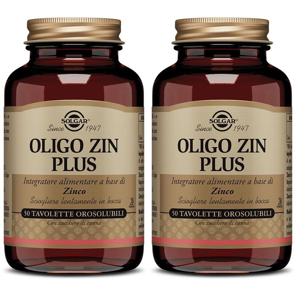 Due flaconi di SOLGAR Oligo Zin Plus, integratore alimentare a base di zinco, 50 tavolette orosolubili per flacone.