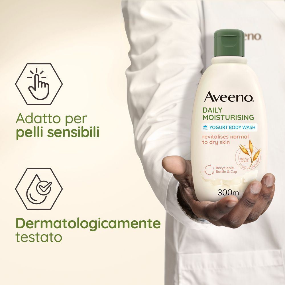Aveeno Bagnoschiuma, Daily Moisturising Bagnodoccia Idratante Senza Sapone per una Pelle Vellutata e Luminosa, Yogurt Albicocca e Miele 300 ml