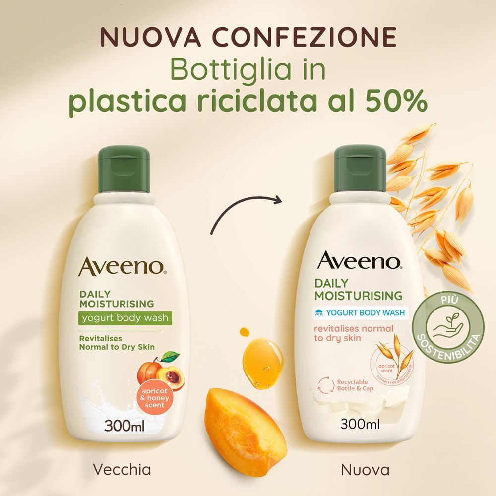 Aveeno Bagnoschiuma, Daily Moisturising Bagnodoccia Idratante Senza Sapone per una Pelle Vellutata e Luminosa, Yogurt Albicocca e Miele 300 ml