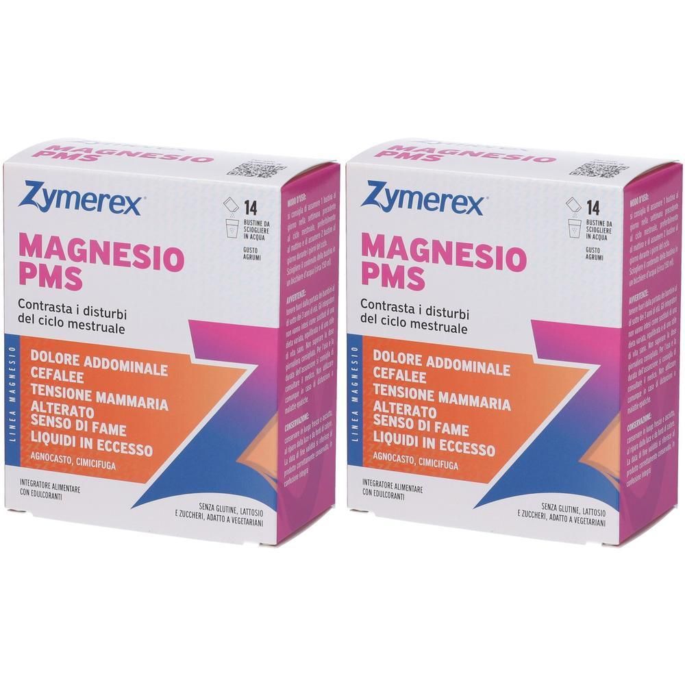 Due confezioni di Zymerex Magnesio PMS, 14 bustine ciascuna, per contrastare i disturbi del ciclo mestruale.