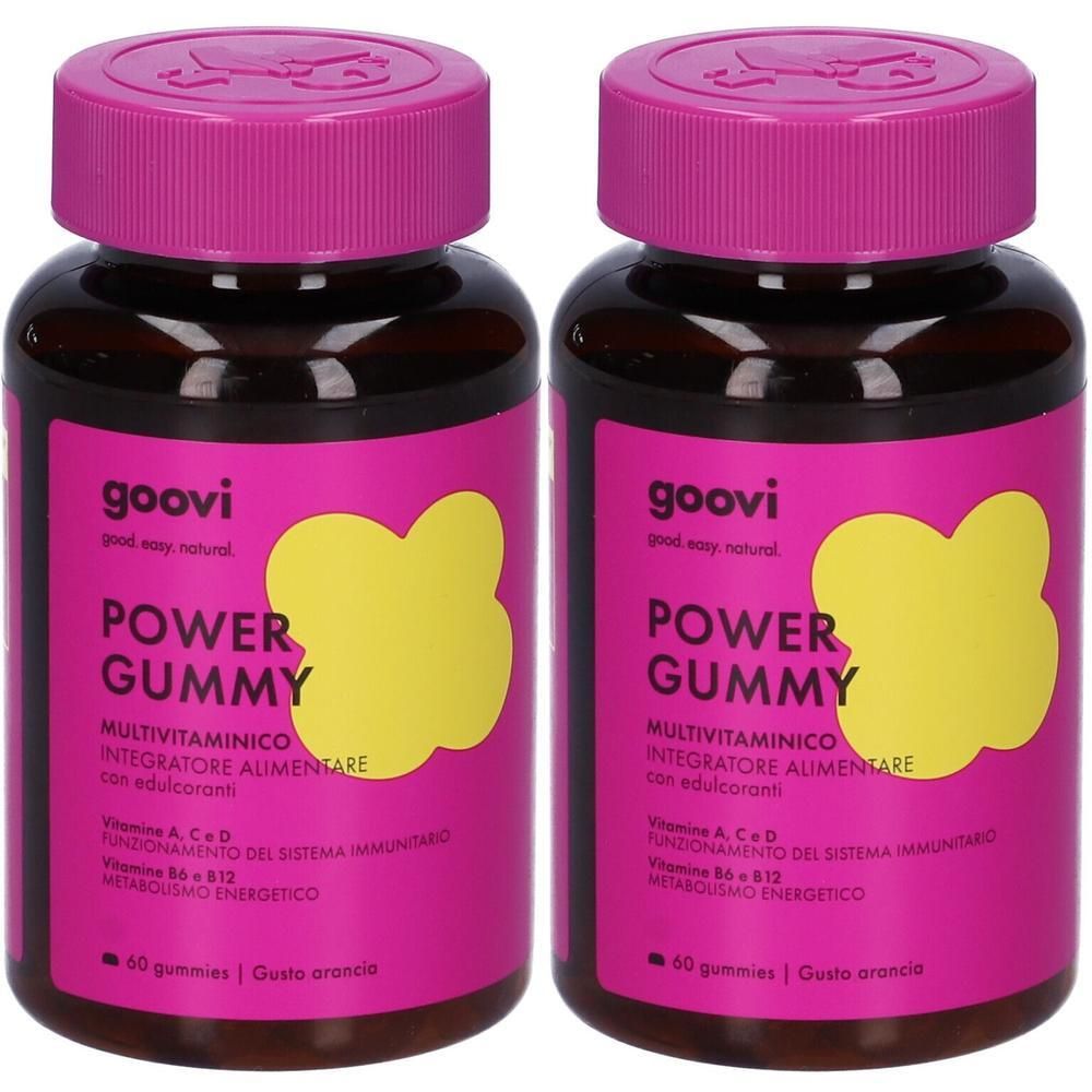 Due flaconi di Goovi Power Gummy Multivitaminico con tappi rosa e simboli gialli a forma di orso. Contiene 40 gummies.