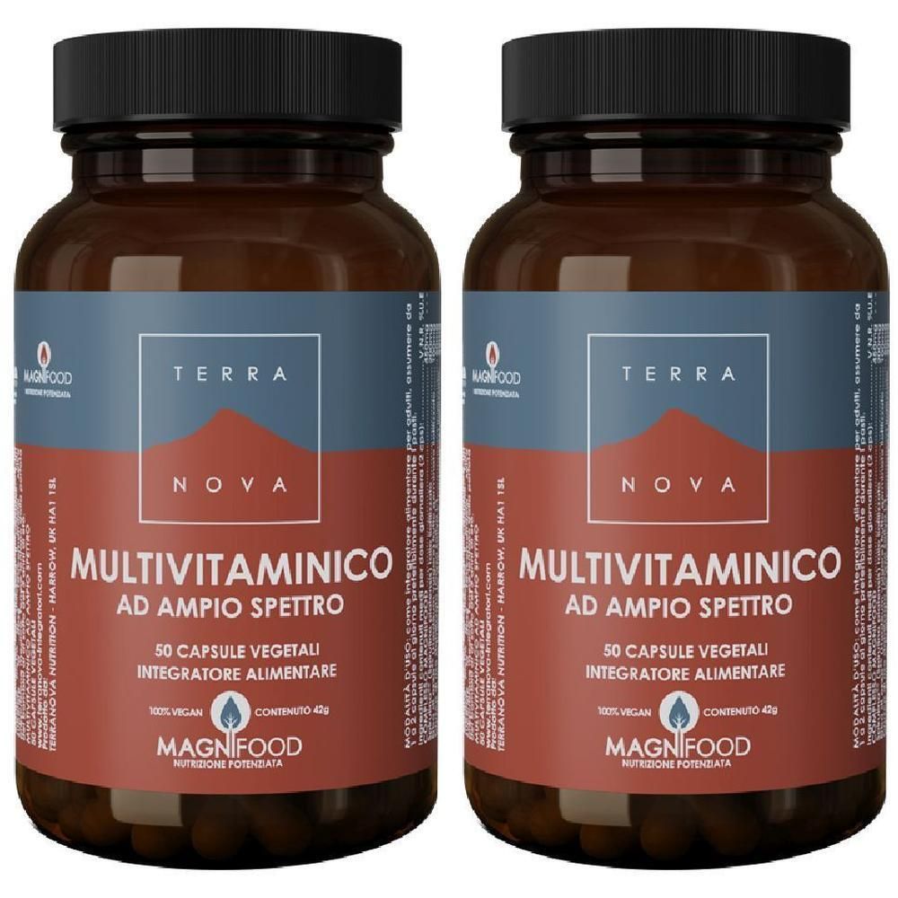 Due flaconi di Terranova Multivitaminico, 50 capsule vegetali per flacone.