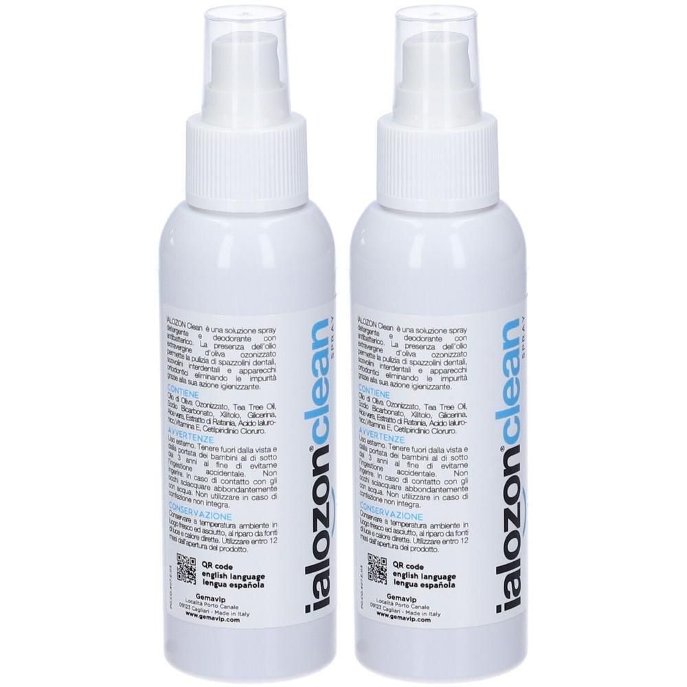 Due flaconi spray bianchi con etichetta blu 'ialozonclean'.