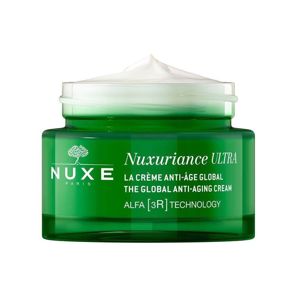 Un vasetto verde aperto Nuxe Nuxuriance Ultra con crema anti-età.
