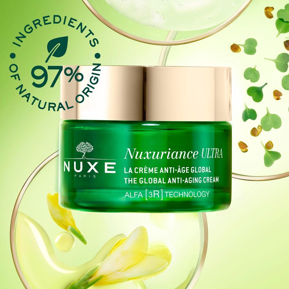Barattolo di crema Nuxe Nuxuriance Ultra, 97% ingredienti di origine naturale.