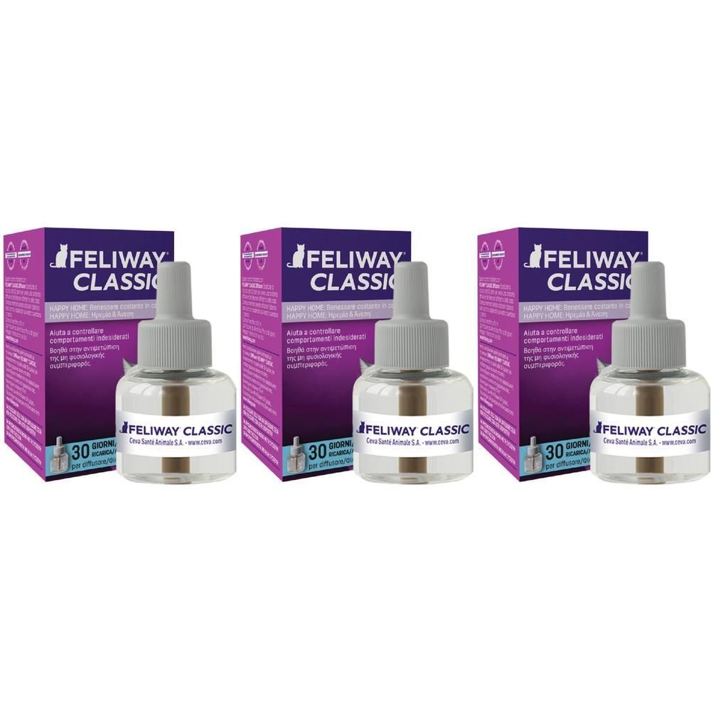 Tre ricariche diffusore Feliway Classic, 30 ml ciascuna.