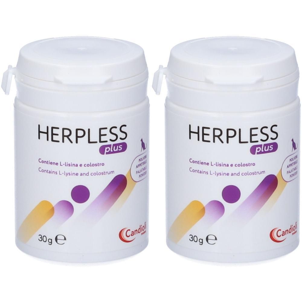 Due barattoli di Herpless Plus, 30g ciascuno.