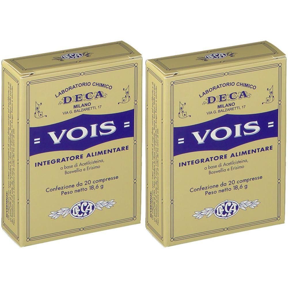 Due scatole dorate per Deka Vois Compresse, con banda blu e nome del prodotto sul fronte.