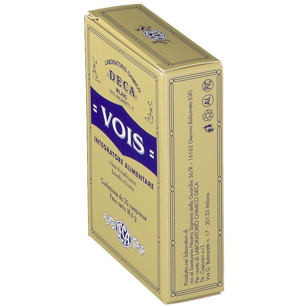 Scatola dorata per Deka Vois Compresse, vista di lato, con dettagli su ingredienti e provenienza.