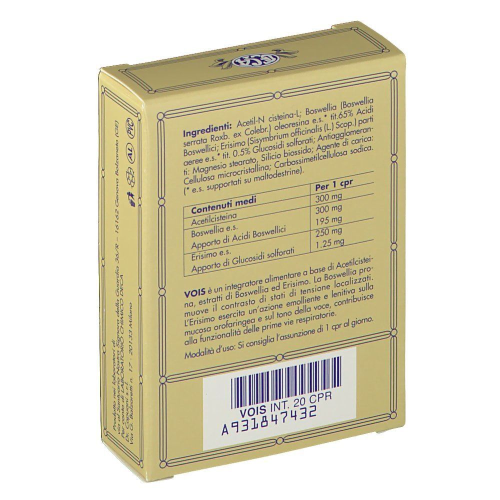 Retro di una scatola dorata per Deka Vois Compresse con elenco ingredienti e informazioni nutrizionali.