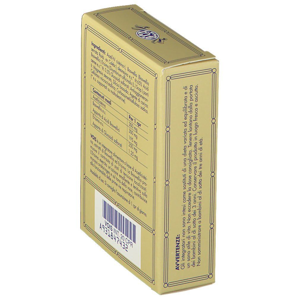 Lato di una scatola dorata per Deka Vois Compresse con istruzioni d'uso e avvertenze.