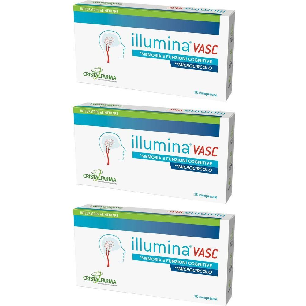Tre confezioni di "illumina VASC" da 10 compresse ciascuna. Mostra un cervello stilizzato in una testa.