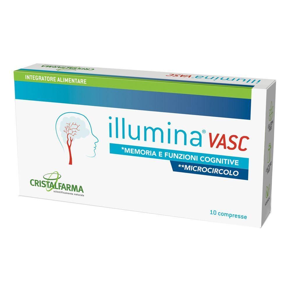 Confezione di compresse Illumina Vasc con simbolo del cervello e logo Cristalfarma.