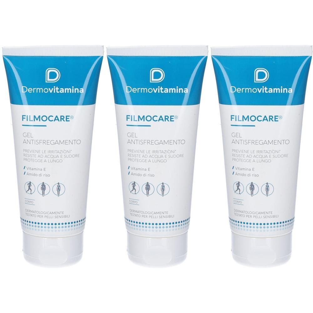 Tre tubi di Dermovitamina Filmocare Gel Antisfregamento con Vitamina E.