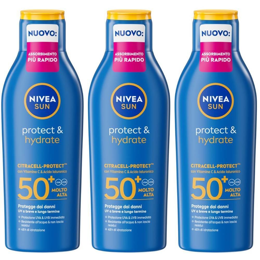 Nivea Sun Latte Solare Protect & Hydrate SPF50+ 200 ml, Crema solare 50+ idratante per 48 ore
