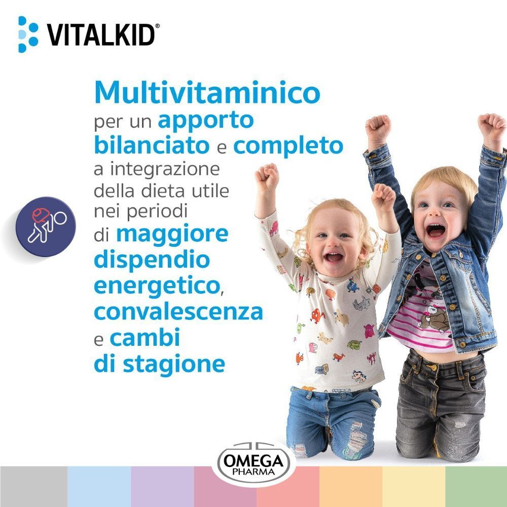 Due bambini felici con le braccia alzate che promuovono VITALKID® Gocce Multivitaminico.