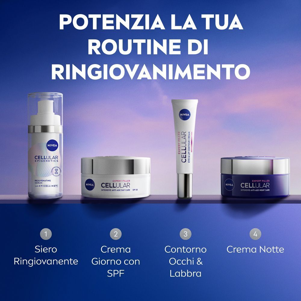 Quattro prodotti per la cura della pelle Nivea Cellular: siero, crema giorno, contorno occhi e crema notte.