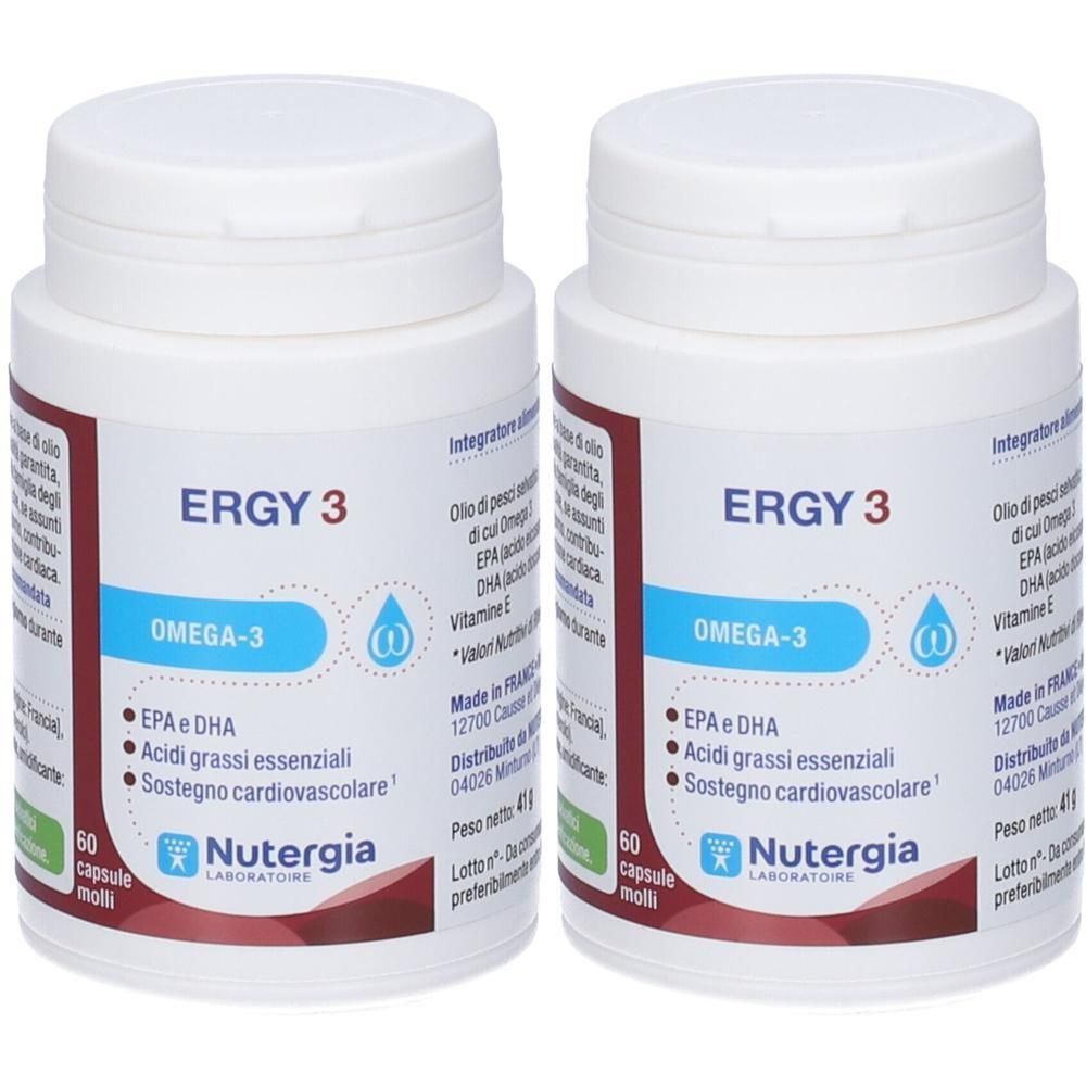 Due flaconi di capsule Ergy 3 Omega-3 di Nutergia.