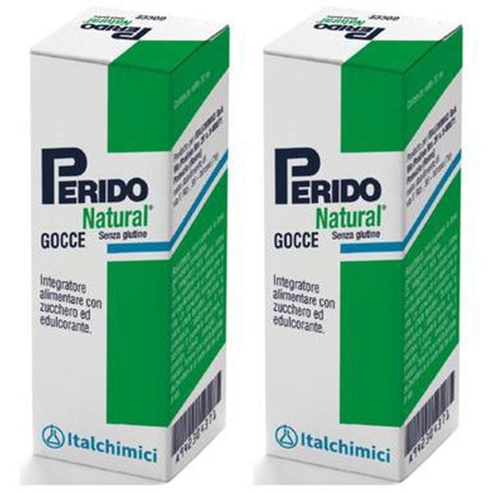 Due confezioni di Perido Natural Gocce, scatole bianche con accenti verdi e blu.