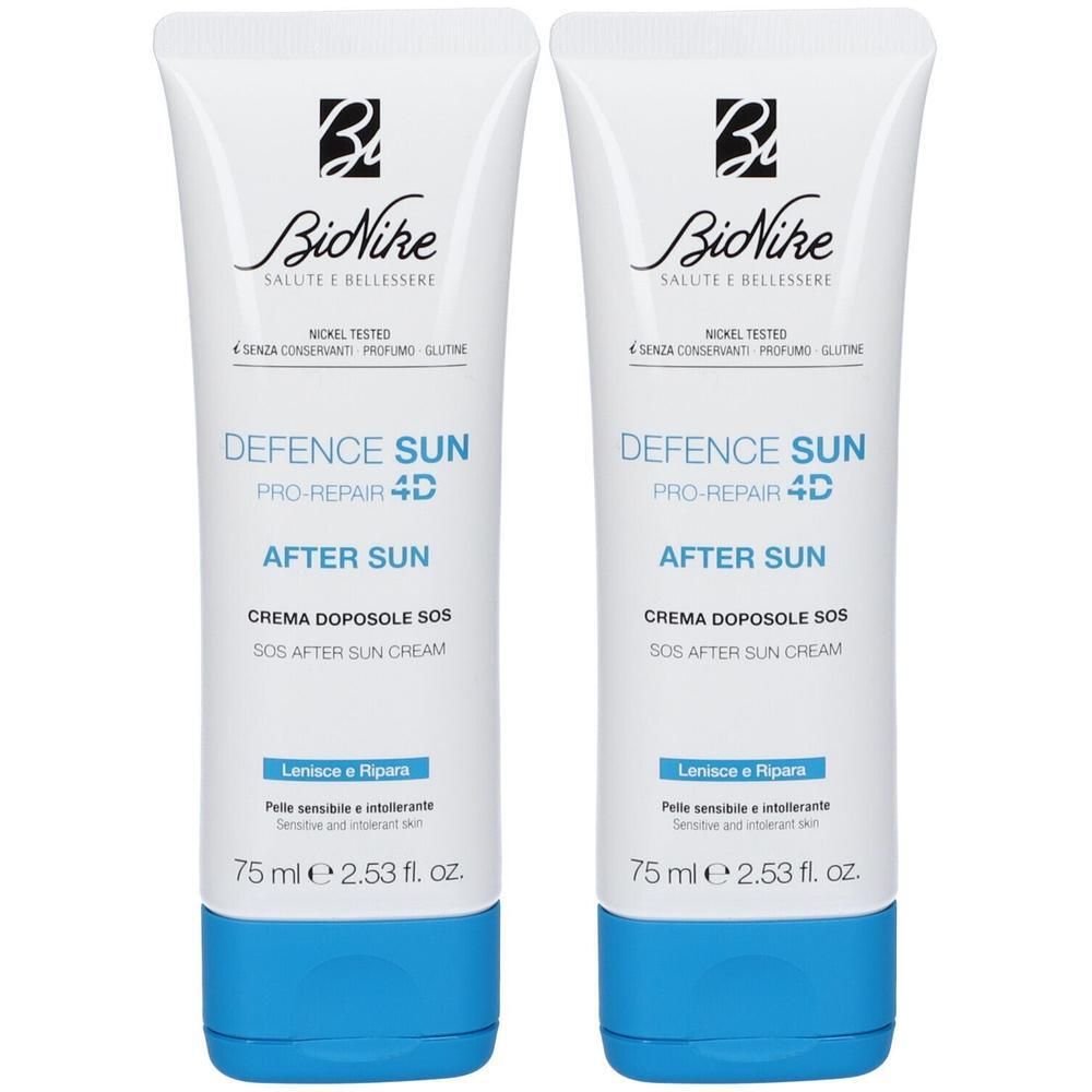 Due tubi di crema doposole Bionike Defence Sun Pro-Repair 4D, 75ml ciascuno.