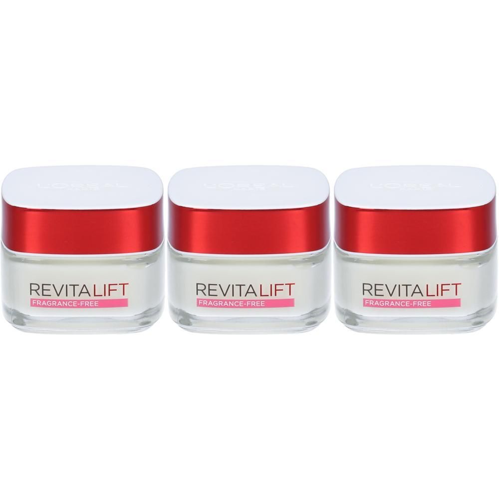 Tre vasetti L'Oréal Revitalift con bordo rosso e tappo bianco. Etichetta: Revitalift Fragrance-Free.