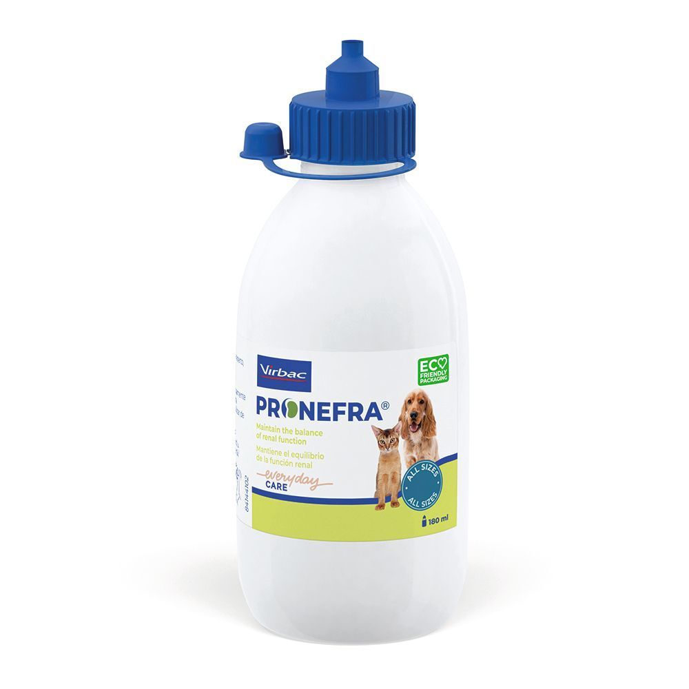 Tre flaconi di Pronefra con tappo blu, cane e gatto.
