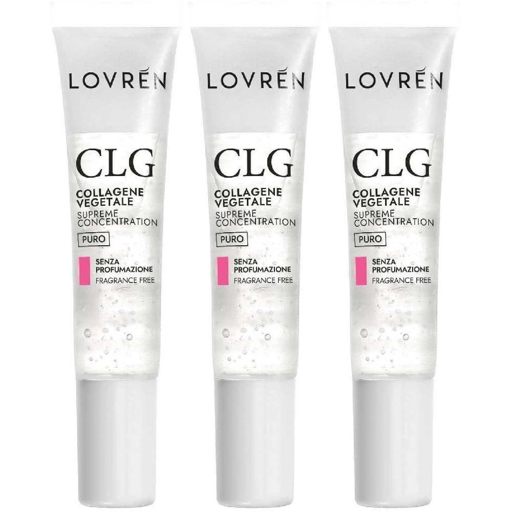 Tre tubi di Lovren CLG Collagene Vegetale Supreme Concentration Puro, senza profumazione.