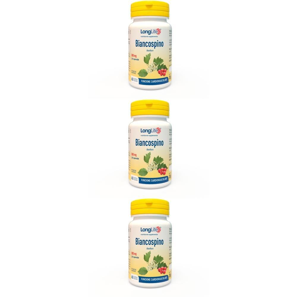 Tre flaconi LongLife Biancospino con tappi gialli. Etichette bianche con illustrazione vegetale.