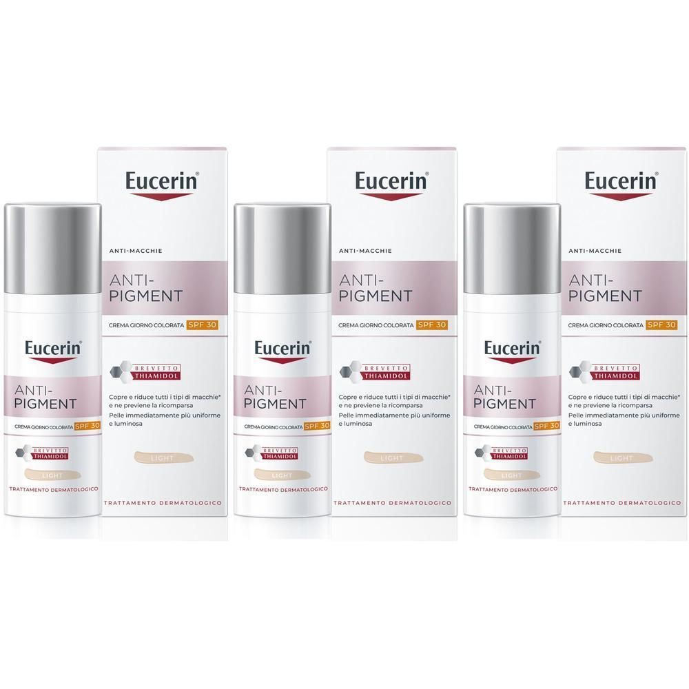 Tre flaconi di Eucerin Anti-Pigment Crema Giorno SPF 30 Colorata Light con confezione.