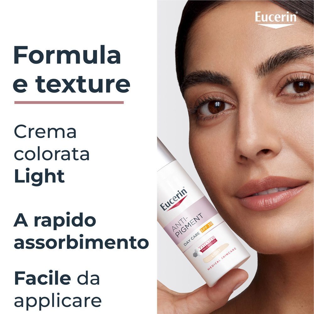 Donna con Eucerin Anti-Pigment Crema Giorno SPF 30 Colorata Light. Formula e texture: crema colorata, rapido assorbimento.