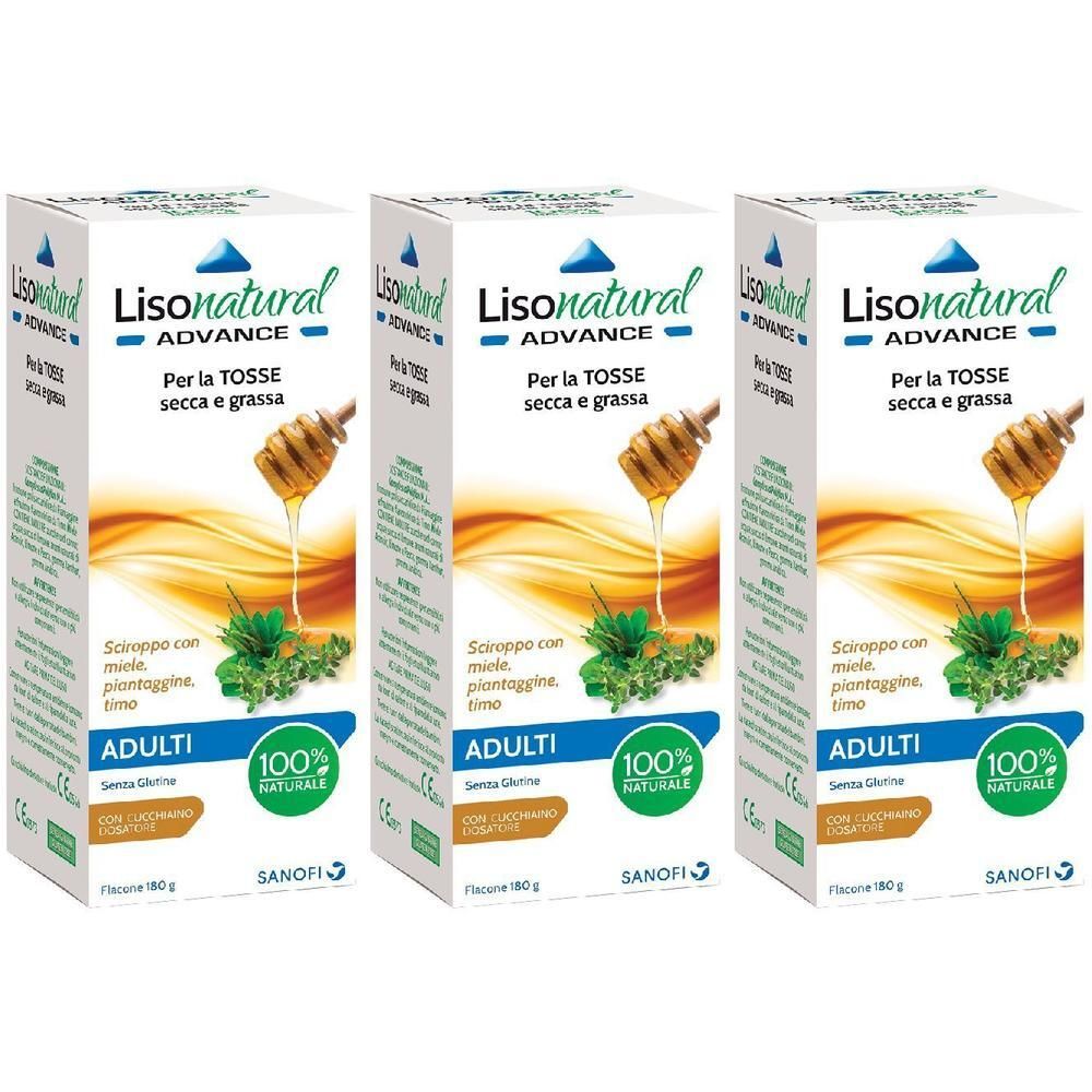 Tre confezioni di Lisonatural Advance Sciroppo per adulti. Con miele, piantaggine e timo. 100% naturale.
