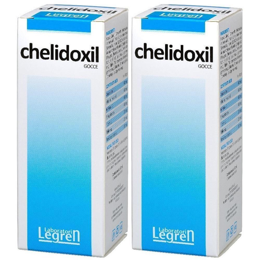 Due confezioni di gocce Chelidoxil con sfumatura blu e logo Legren.