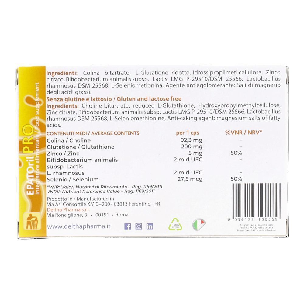 Retro di una scatola di capsule Deltha Pharma EPATORIL PRO con elenco ingredienti e valori nutrizionali.