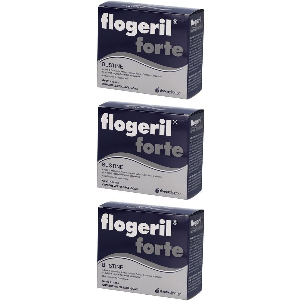 Tre confezioni di Flogeril Forte Bustine, blu scuro con scritte bianche.