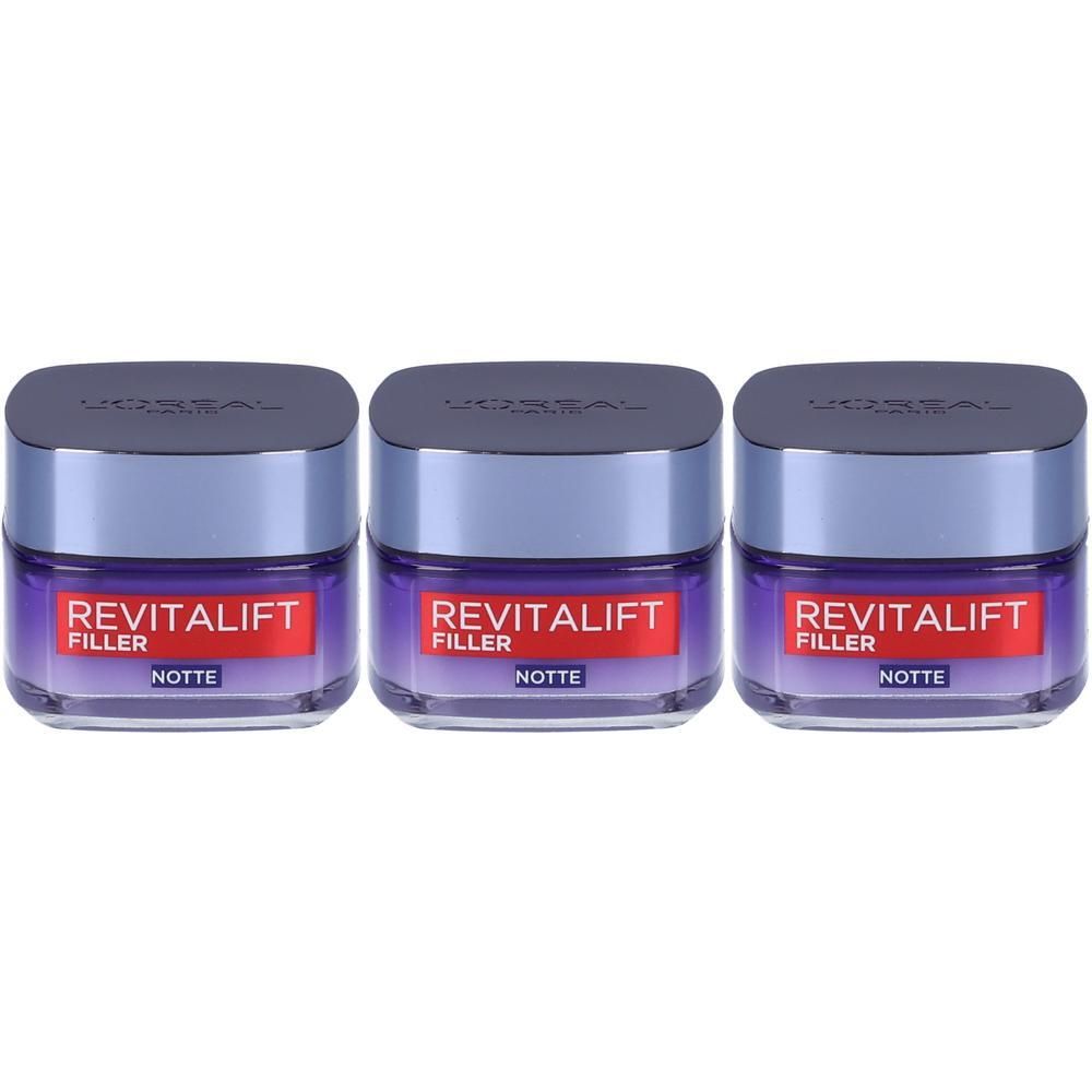 Tre vasetti di crema notte L'Oréal Revitalift Filler con vetro viola e tappo argentato.