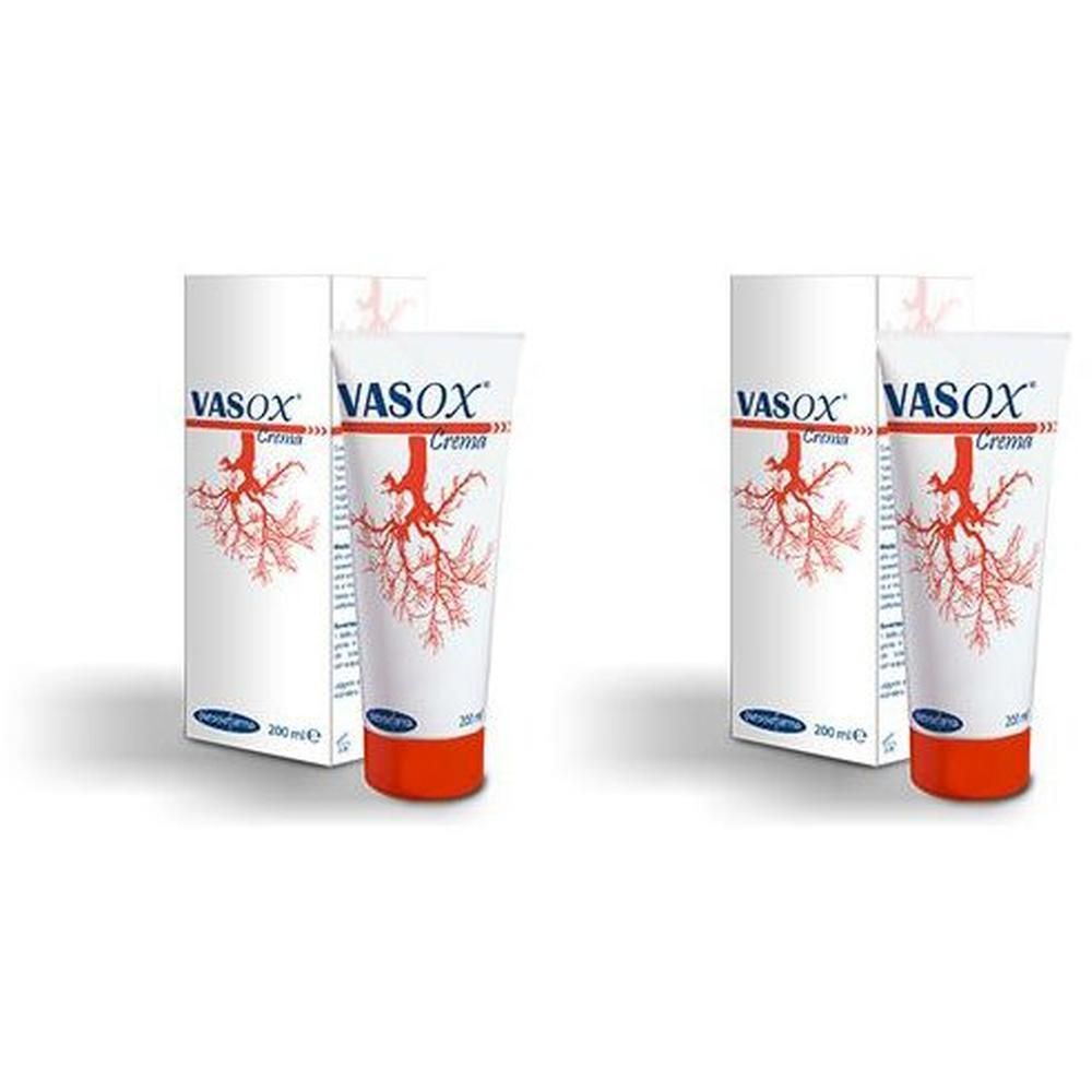 Due tubetti e scatole di crema Vasox con motivo ad albero rosso.