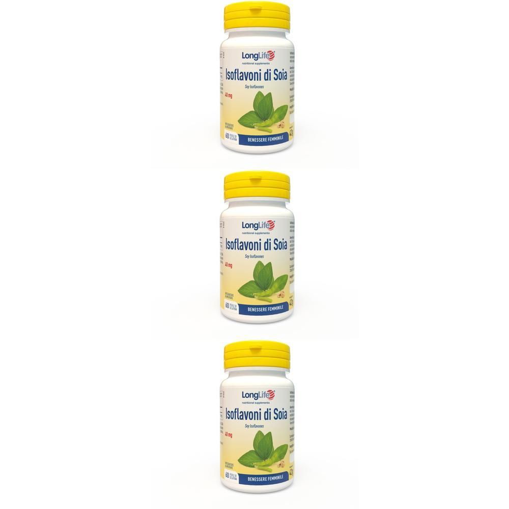 Tre flaconi Longlife Isoflavoni Soia con tappi gialli, etichette bianche con soia verde.
