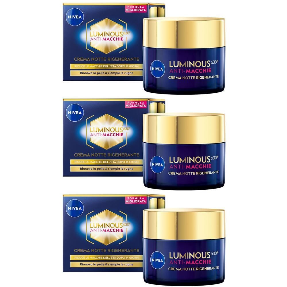 Tre vasetti e scatole di Nivea Luminous630 Crema Notte Anti-Macchie.