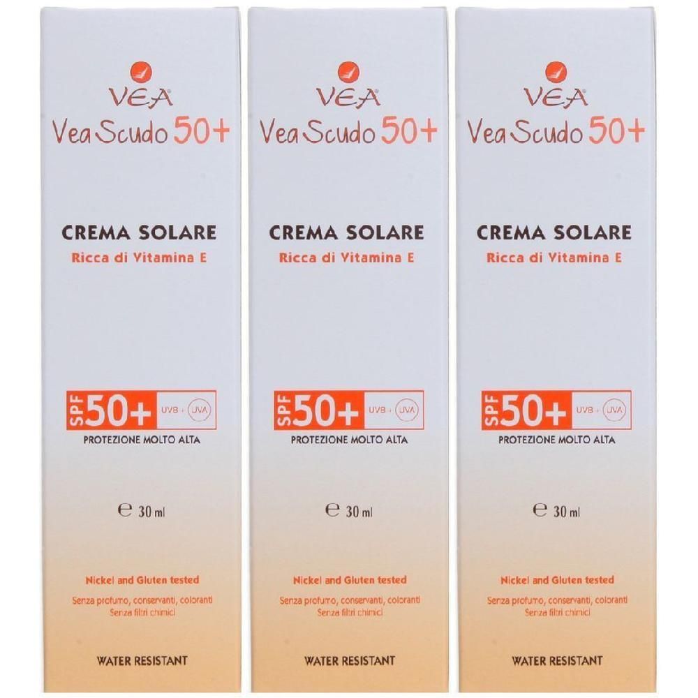 Tre confezioni di crema solare Vea Scudo 50+, ciascuna da 30 ml, con SPF 50+ e Vitamina E.
