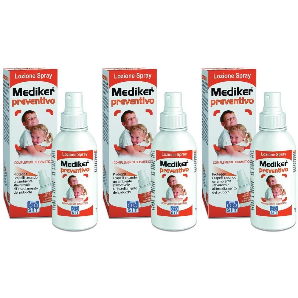 Tre flaconi spray Mediker con scatole. Ogni flacone ha un'etichetta con un'immagine di bambini e la scritta 'Mediker preventivo'.