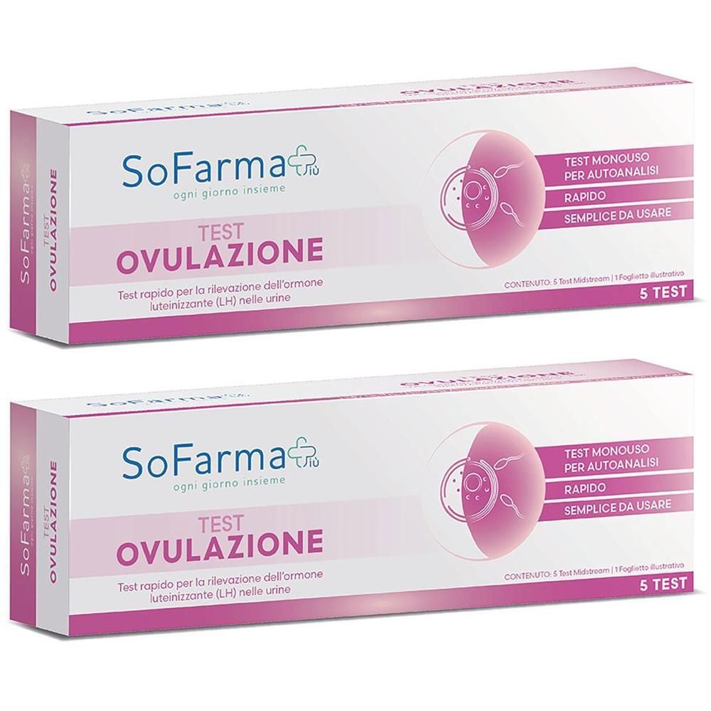 Confezione da 5 test di ovulazione SoFarma. Include illustrazione di ovulo e spermatozoi.