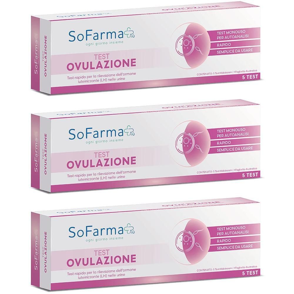 Tre confezioni di test di ovulazione SoFarma+. Imballaggio bianco e rosa con informazioni sul prodotto e simbolo di ovulazione.