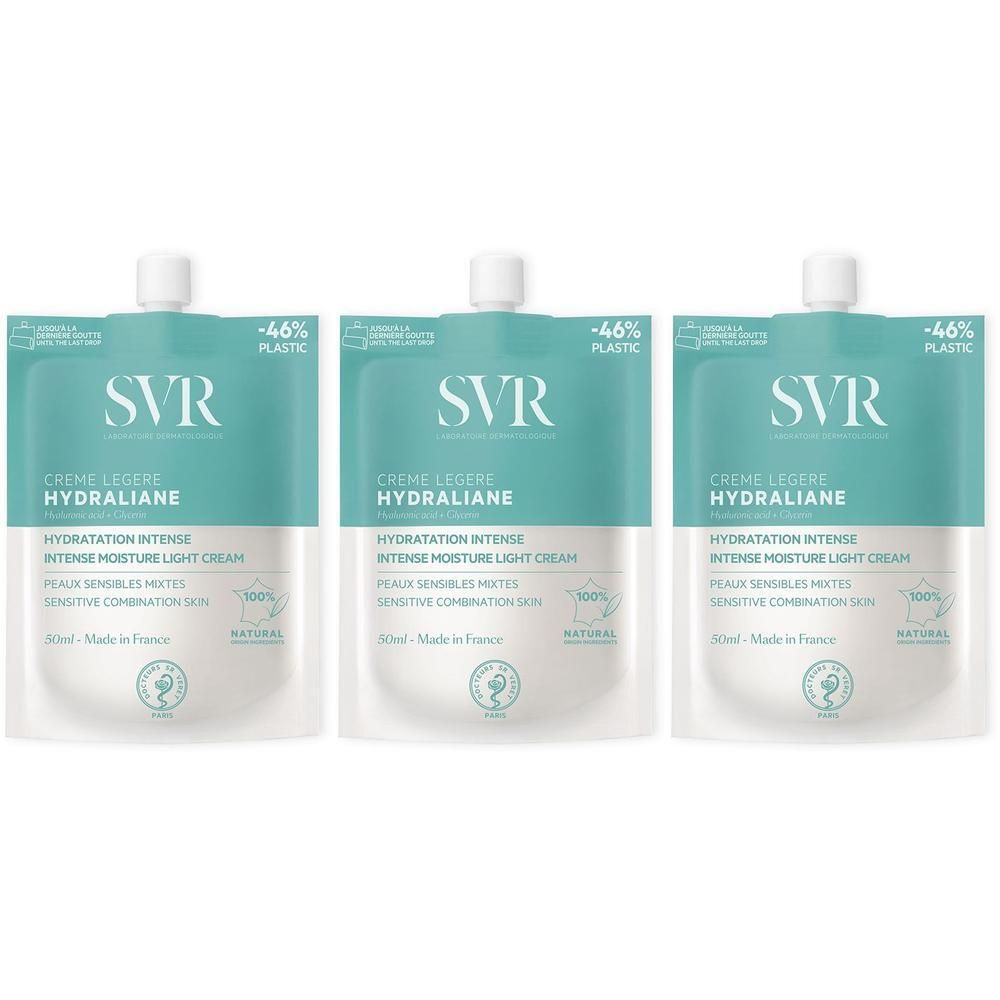 Tre bustine di crema idratante leggera SVR Hydraliane con tappo a vite. 30ml. Prodotto in Francia.